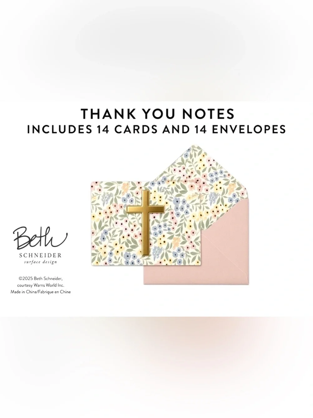 Beth Schneider Floral Gold Cross Thank You Notes 14 Cards + Envelopes NEW
